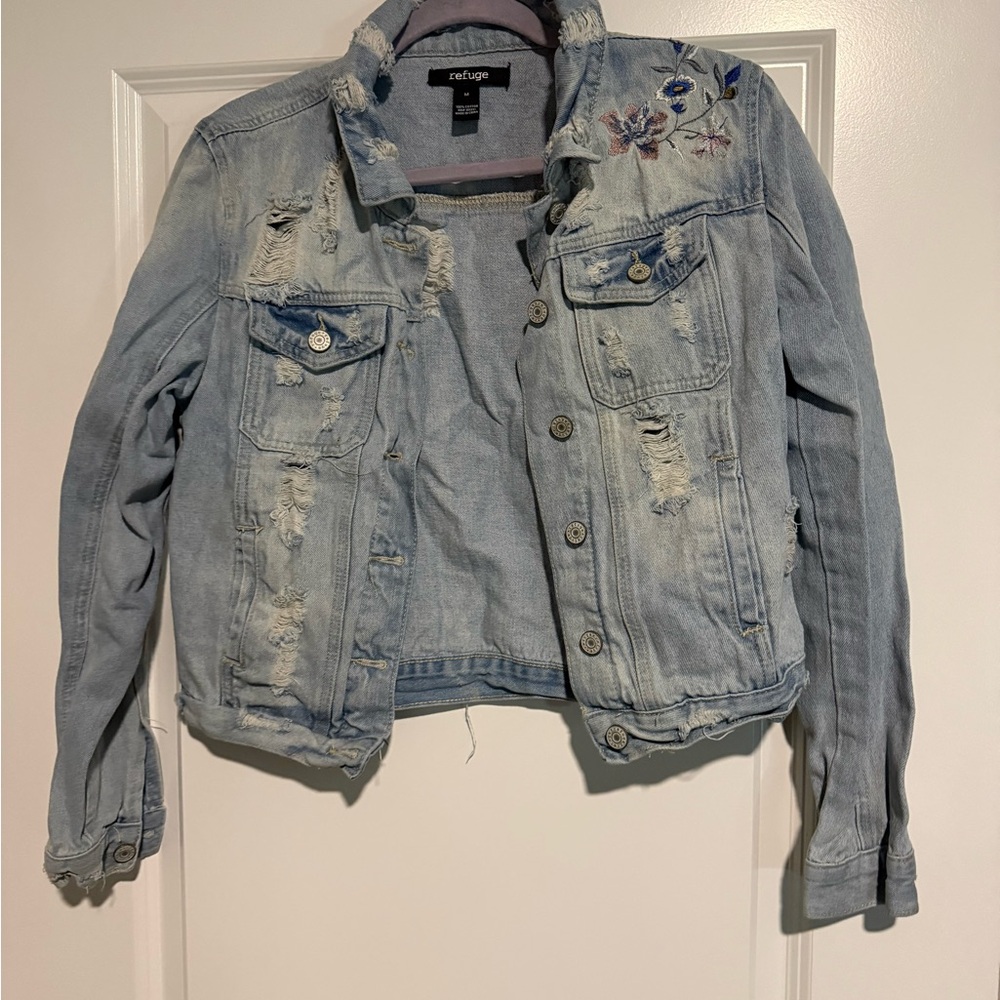 Refuge Distressed Light Blue Denim Jacket with Floral Embroidery